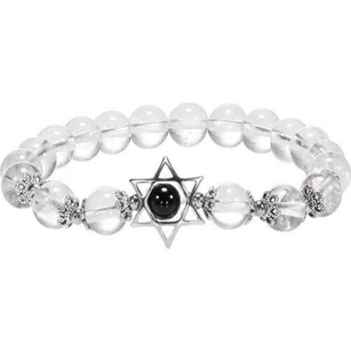 FYJS Silver Plated Star of David Connect Round Beads Stretchy Bracelet Natural Rock Crystal Unique Jewelry
