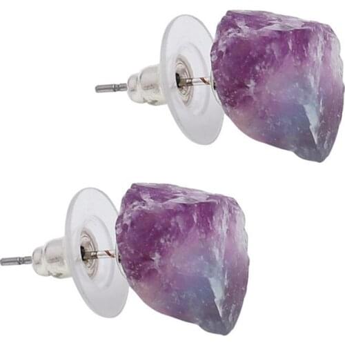 FYSL Silver Plated Irregular Shape Fluorite Stone Stud Earrings for Women Black Tourmaline Jewelry