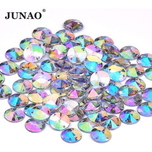 JUNAO 1000pc 10mm Sew On Crystal AB Rivoli Rhinestone Applique Round Flatback Acrylic Gems Sewing Strass Stones For Dress Crafts