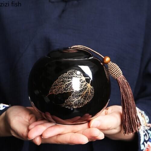 Ceramics Black Tea Caddy with Cover Small Sealed Jar Portable Travel Tea Box Food Storage Tank Tea Tins Home Decoration Tea Jar