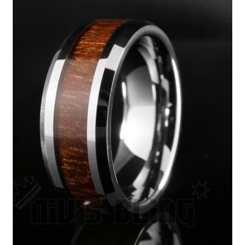 Classic Simple Mens Red Wood Inlay Stainless Steel Rings For Men Engagement Wedding Band Anniversary Birthday Gift Jewelry