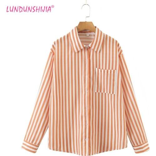 LUNDUNSHIJIA 2021 Autumn Women Fashion Blouses Long Sleeved Shirts Orange Stripe Turn-Down Collar Casual Loose Tops Blusas