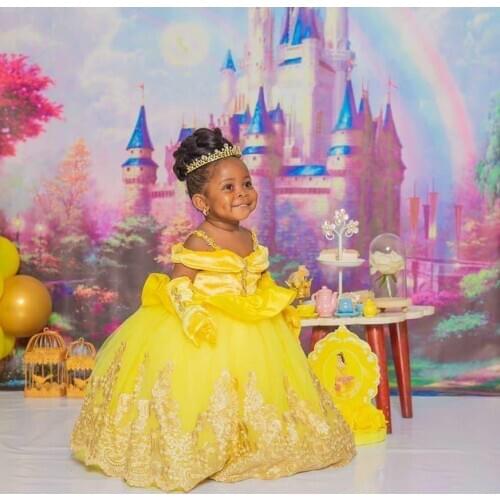 Cute Yellow Puffy Gown Infant Girls Dresses Toddler First Birthday Dress Applique Lace Crystals Flower Girl Dress Kids Clothes