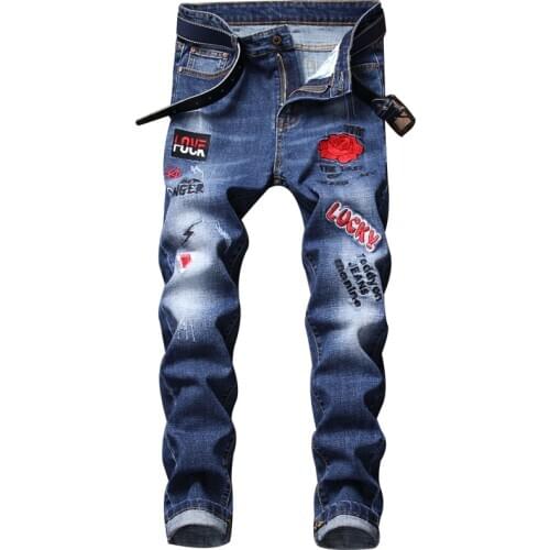 Mens Jeans Hip Hop Rock Jeans High Street Rose Embroidered Stretch Jeans Trendy Holes Straight Denim Trousers