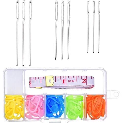 Nonvor 9 Pieces DIY Large Eye Blunt Sewing Needles with 60 Pieces Lock Markers and Cloth Tape Measure Sewing Tools Set