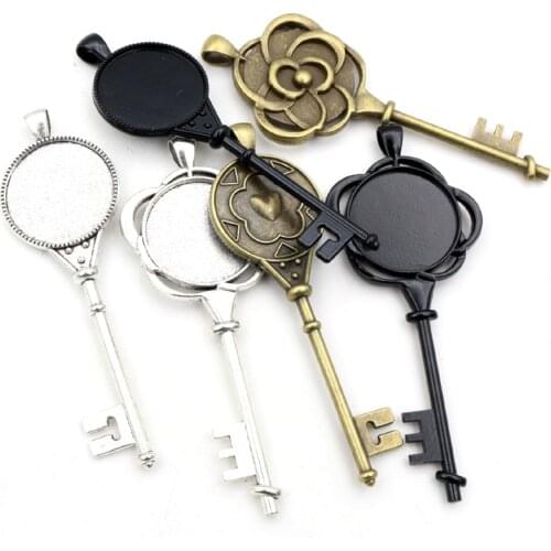 New Fashion 5pcs 25mm Inner Size Antique Silver Plated Bronze Black Heart Key Style Cabochon Base Setting Charms Pendant