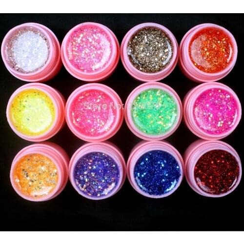 New DIY 12 Pcs Mix Color Glitter Hexagon Sheet Nail Art UV Builder Gel for Tips Pink Set