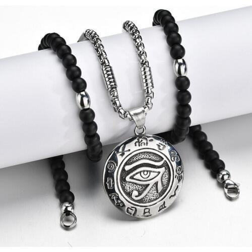 Hip Hop Egyptian Sun Eye Of Horus Pendant Necklace 316L Stainless Steel Black Beads Chain Necklace