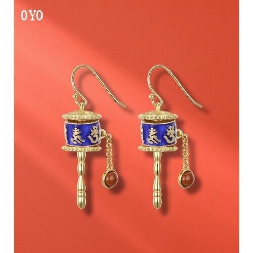 Real s925 silver six-character mantra prayer wheel pendant female oil drip enamel vintage gold-plated personalized earrings