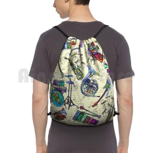 Musical Instruments Backpack Drawstring Bag Riding Climbing Gym Bag Musical Instruments Trumpet Drum Xylophone Sax Music