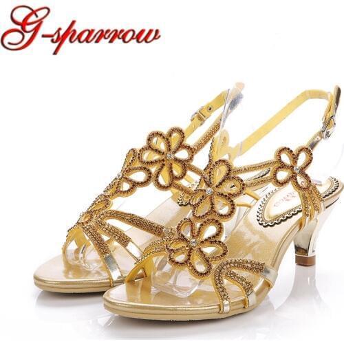 All Match Comfortable Middle Heel Sandal Thin Heels 2 Inches Beautiful Crystal Dance Shoes Gold Rhinestone Bridesmaid Shoes