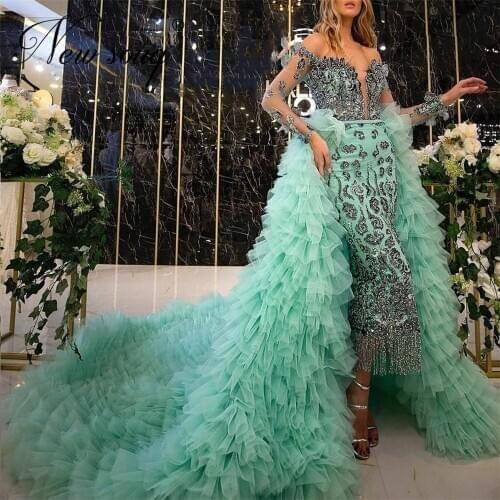 Dubai Design Mint Party Dresses Off The Shoulde Custom 2020 Saudi Arabia Beaded Tassel Prom Dress Long Detachable Evening Gowns