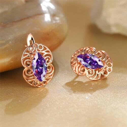 Vintage Hollow Flower Purple Crystal Hoop Earrings Female Oval Zircon Stone Earrings For Women Rose Gold Color Wedding Earrings