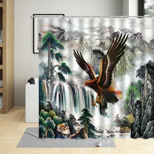 Chinese Landscape Scenery Shower Curtain Animal Bird Waterfall Plant Flower Curtains Bathroom Decor Waterproof With Hooks Set