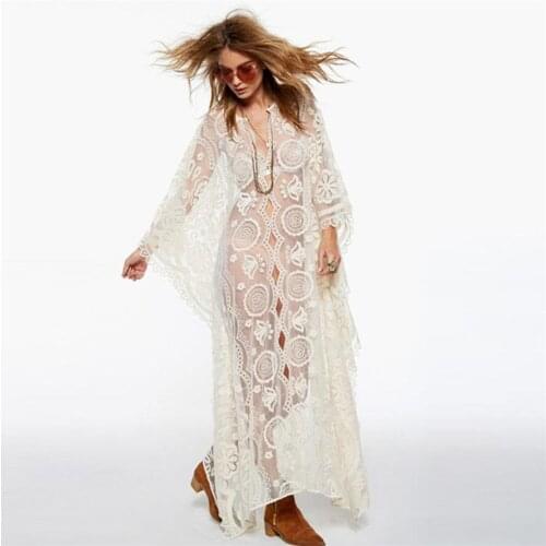 2021 Summer Beach Dresses for Women Sexy See Thru Lace Bohemian Long Dress Wrap Suimsuit