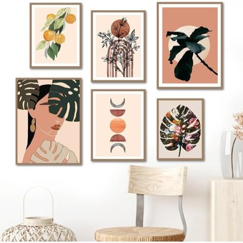 Bohemian Woman Sun Moon Monstera Plants Wall Art Canvas Painting Nordic Posters And Prints Wall Pictures For Living Room Decor