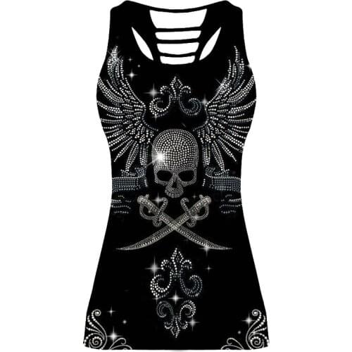 Women Skeleton Sport Sleeveless T Shirt Tank Tops Flag Skull Cross 3D Print Jerseys Back Hollow Out Vest for Club Fitness Sports