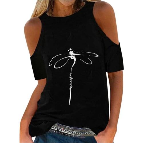 Summer Skew Collar Tees Casual Tops dragonfly Print Fashion Women Ladies Plain Solid Short Sleeve T-Shirts Strapless