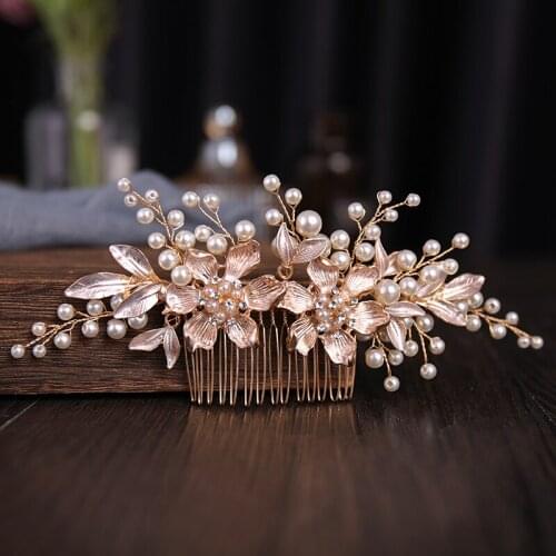 Gold Color Crystal Flower Leaf Pearl Hair Combs Wedding Hair Accessories Luxury Handmade Hair Comb Tiaras Bridal Hair Jewelry