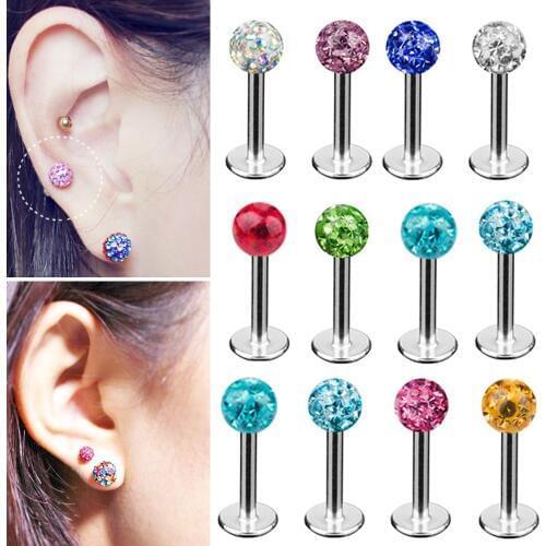 1PC Surgical Steel Crystal Labret Lip Stud colorful Ferido Ball epoxy CZ gem ball Ear Cartilage Tragus Piercing Stud Earring 16g