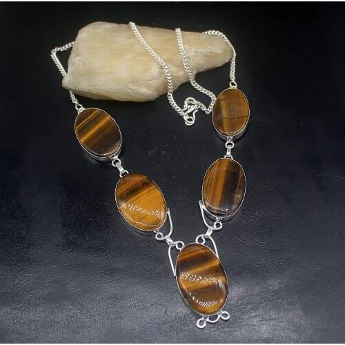 Hermosa Jewelry Natural Gold Tigers Eye Charming Silver Color Women Ladies Gifts Pendant Necklace Chain 50cm 20213491