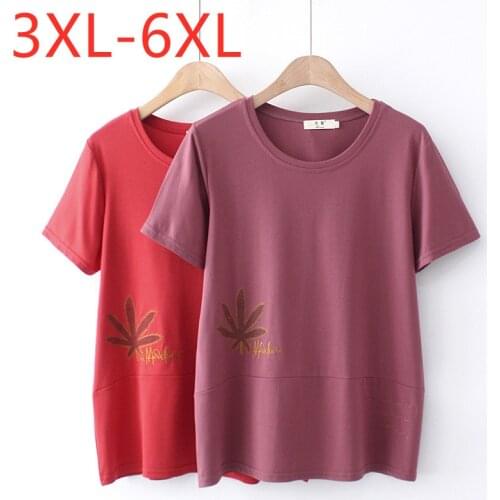 New 2021 Ladies Summer Plus Size Tops For Women Large Short Sleeve Loose Red Purple Cotton Floral O-neck T-Shirt 3XL 4XL 5XL 6XL