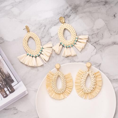 Jaeeyin 2021 New Arrivals Hand Knitted Geometric Rattan Bohemian Woven Earrings Earring Holiday Vintage Fan Ear Rings Jewelry
