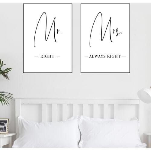 Mr Mrs Right Quotes Canvas Painting Black White Wall Art Posters and Prints Minimalist Picture Living Room Home Decor HD3113