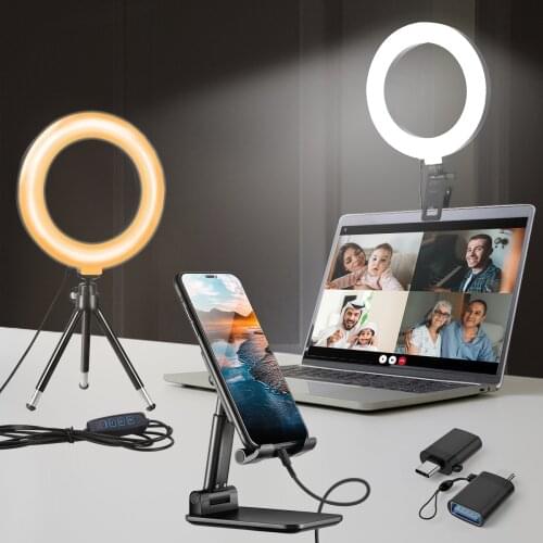 Selfie Ring Light LED Video Conference Lighting 2-Pack with Mobile Phone Holder & Tripod Type-C/USB Adapter for Youtube Live
