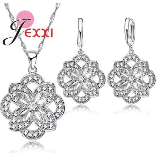 Hottest Flower Pattern Jewelry Set Necklace Earrings Sets 925 Sterling Silver Statement Necklace Stud Earring for Women