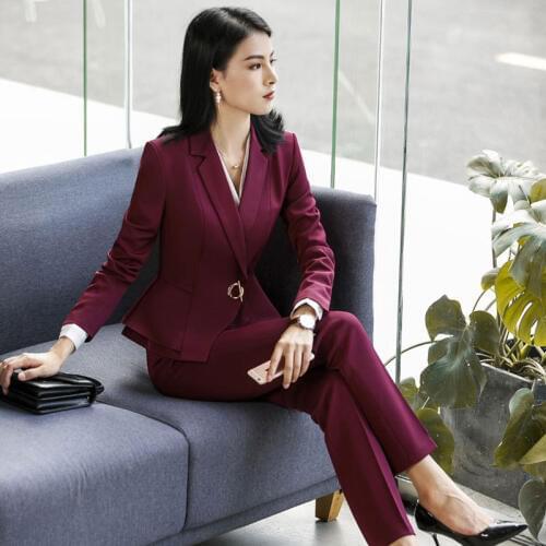 IZICFLY New Style Spring Autumn Formal Red Pants Suit Slim Office Lady Uniform Designs For Blazer Women Set Business Work Wear