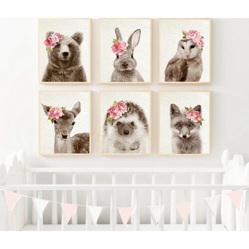 Woodland Animals Canvas Poster Nursery Wall Art Print Watercolor Flower Cute Hedgehog Bear Fox Owl Painting Baby Room Decoration