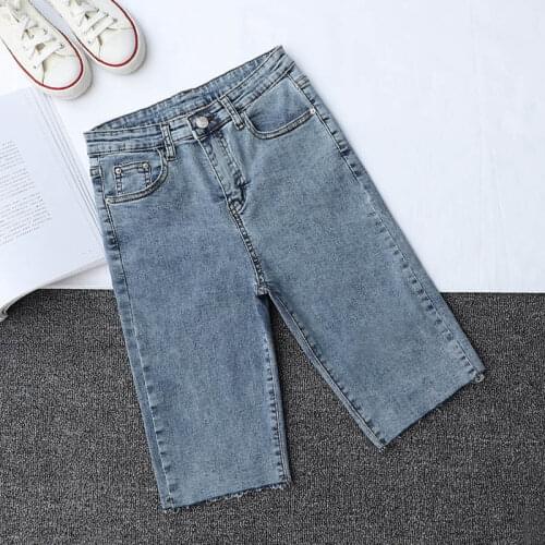 Summer Knee Length High Waist Denim Shorts Streetwear Women Shorts Hole Ripped Jeans Stretch Shorts for Women HK367