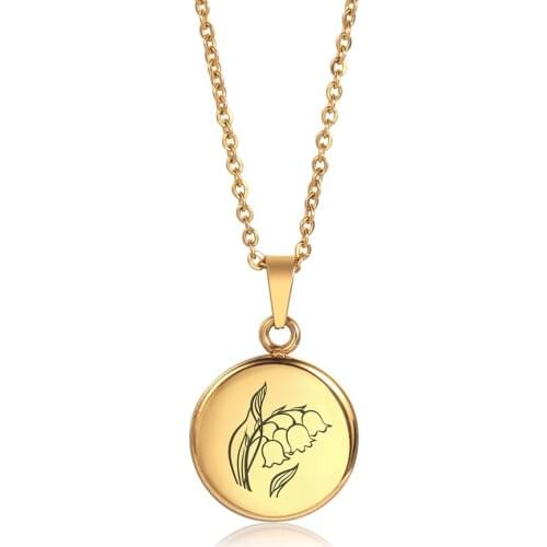 Birth Flower Pendant Necklace For Women Gold Color Rose Daisy Violet Coin Rolo Chain Charm Birthday Jewelry Wholesale LKP667