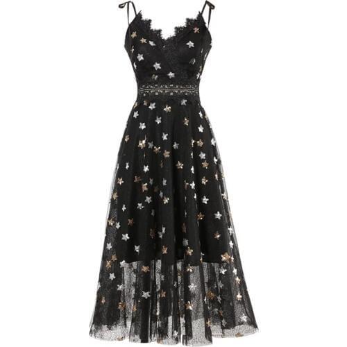 PERHAPS U Lace Up Strap Mesh Bling Sequined Star Sleeveless Black Champagne Women Midi Dress V Neck Mid-calf Fit And Flare D0910