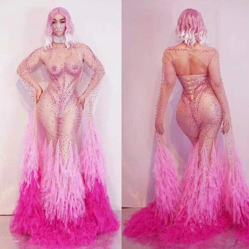 Sexy Pink Rhinestone Mesh Perspective Party Long Dress Women Birthday Celebration Crystal Trailing Dress Evening Gown Stage Wear