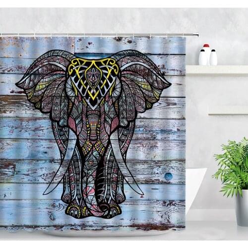 Elephant Shower Curtain Set Retro Blue Wood Grain Background 3D Print Paisley Home Bathroom Decor Waterproof Cloth Bath Curtains