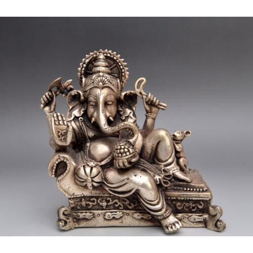 Chinese old Handwork Carved Silver Copper elephant nose Buddha statue