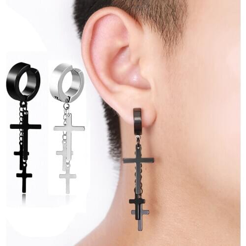 SOHOT Anti-allergic Cross Chain Titanium Stainless Steel Black Silver Color Earrings Clip Wholesale Punk Unisex HipHop Man Party