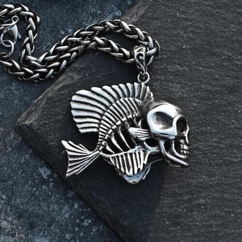 Vintage Double-Sided Skull Fish Pendant Necklace For Men Stainless Steel Rope Necklace Goth Punk Charms Jewelry Wholesale
