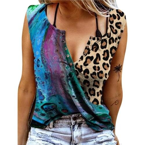 Large Size New Summer V-neck Leopard Printed T-shirt Casual Sleeveless Top Womens Sexy Slim Fit Vest