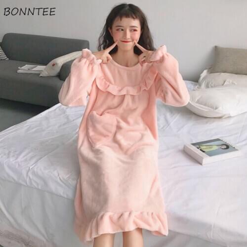 Nightgowns Womens Solid Autumn Winter Warm Ruffles Simple Soft Loos Leisure Kawaii Sweet Girls Thick Sleepwear Ulzzang Chic New
