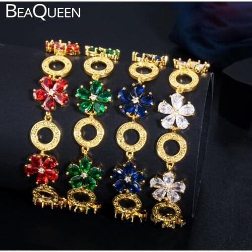 BeaQueen Trendy 585 Gold Color Flower Circle Round Tennis Bracelets India Red Blue Green CZ Zircon Crystal Ladies Jewelry B190