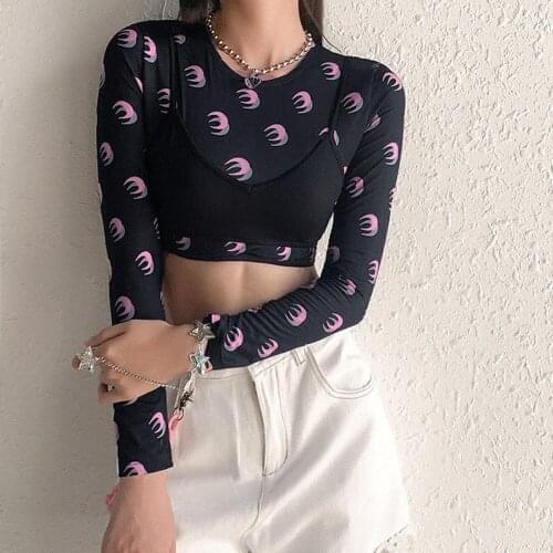 Y2k Aesthetic Sun Moon Print Two Piece Set Y2k Crop Tops Women Transparent Mesh Slim Short T Shirts Long Sleeve Streetwear Tops