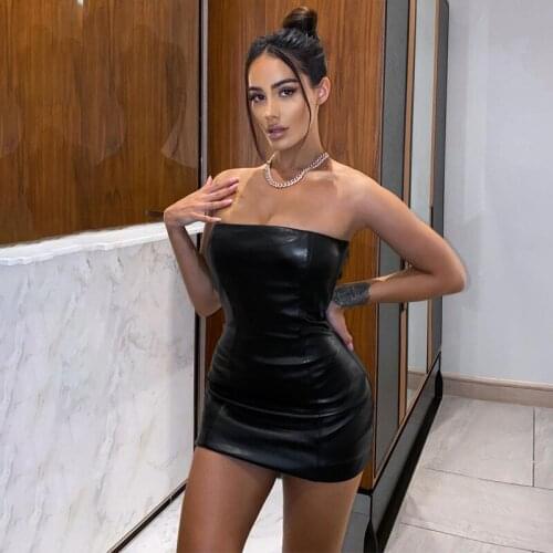 Ladys Solid Color Dress Sexy Sleeveless Backless Slim Elastic Leather Package Hip Strapless Short Mini Dress