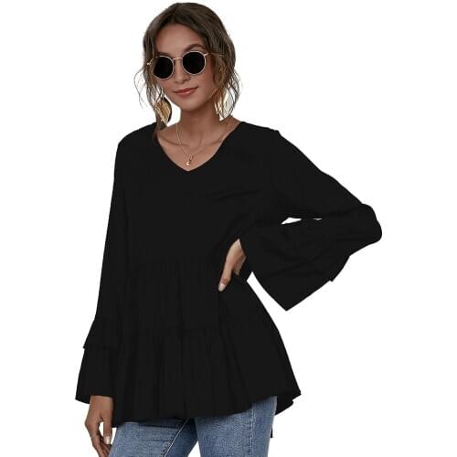 2021 Women Blouse Bohemian High Low Shirt Summer V Neck Flare Sleeve Pleated Tops Vintage Blusas Robe Femme Tunic