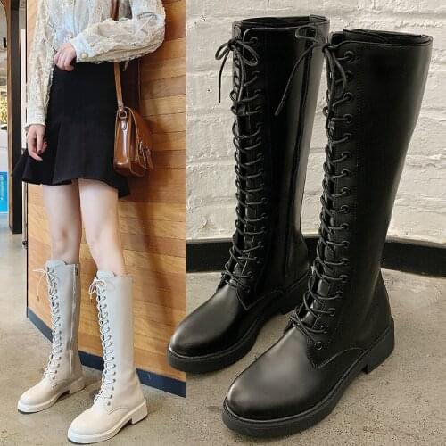 Round Toe Shoes Fashion Boots Riding boots Woman For Women Booties Ladies Lace Up Low Heels Booties Punk Rock Winter Mid Calf