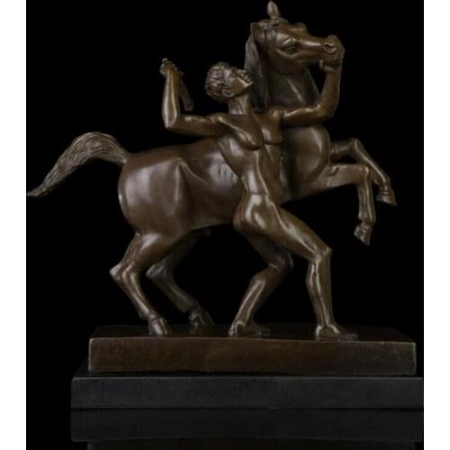 41 cm Western Art Deco Bronze Strong Young Man Domestication Wild Horse Sculpture