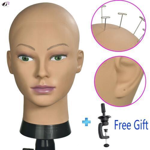 Bolihair Soft PVC Bald Manikin Heads Wig Stand Mannequin Head with Ear Hole Wigs Caps Jewelry Display Head Free clamp