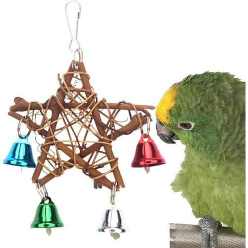 Rattan Star Shape Bird Toys Anti-Biting Chewing Toys With Multicolor Bell and String Interactive Playing Toy for Bird Cage Suppl